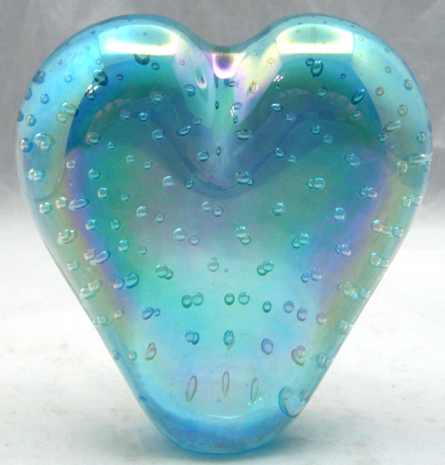 Iridescent Light Blue Art Glass Heart Paperweight Bubbles Unsigned