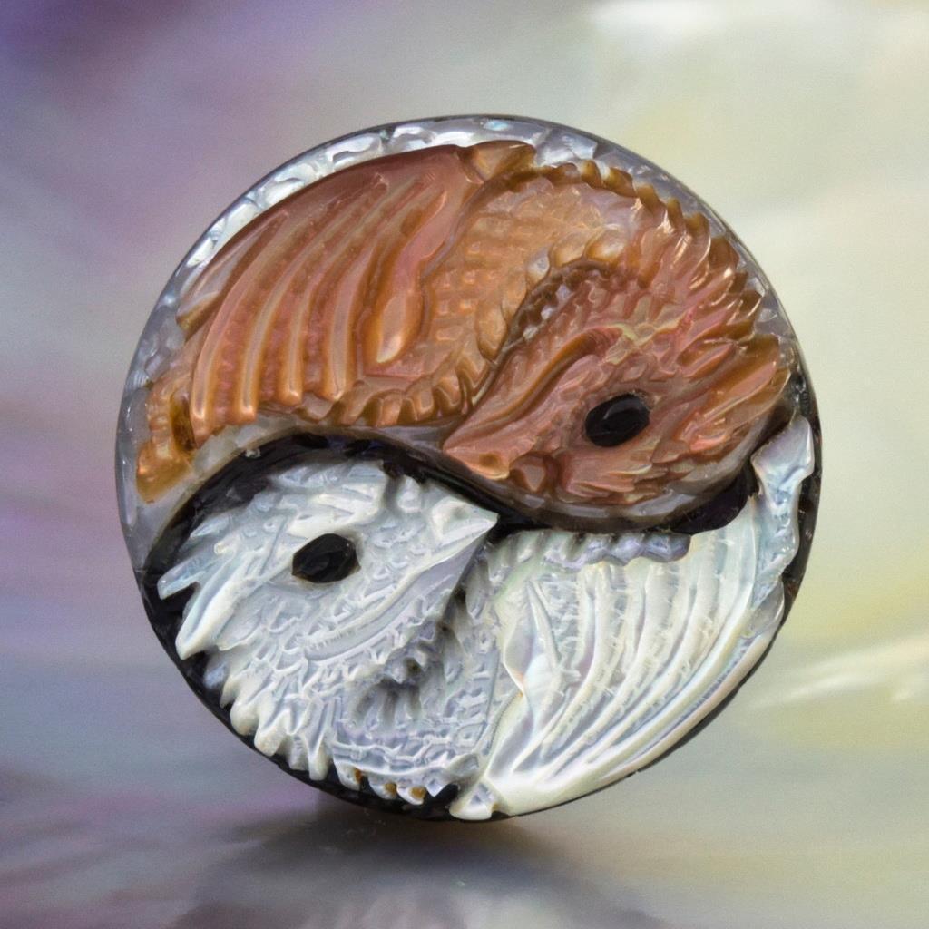 Dragon Yin Yang Bronze & White Mother-of-Pearl & Paua Shell Carving 7.25 g