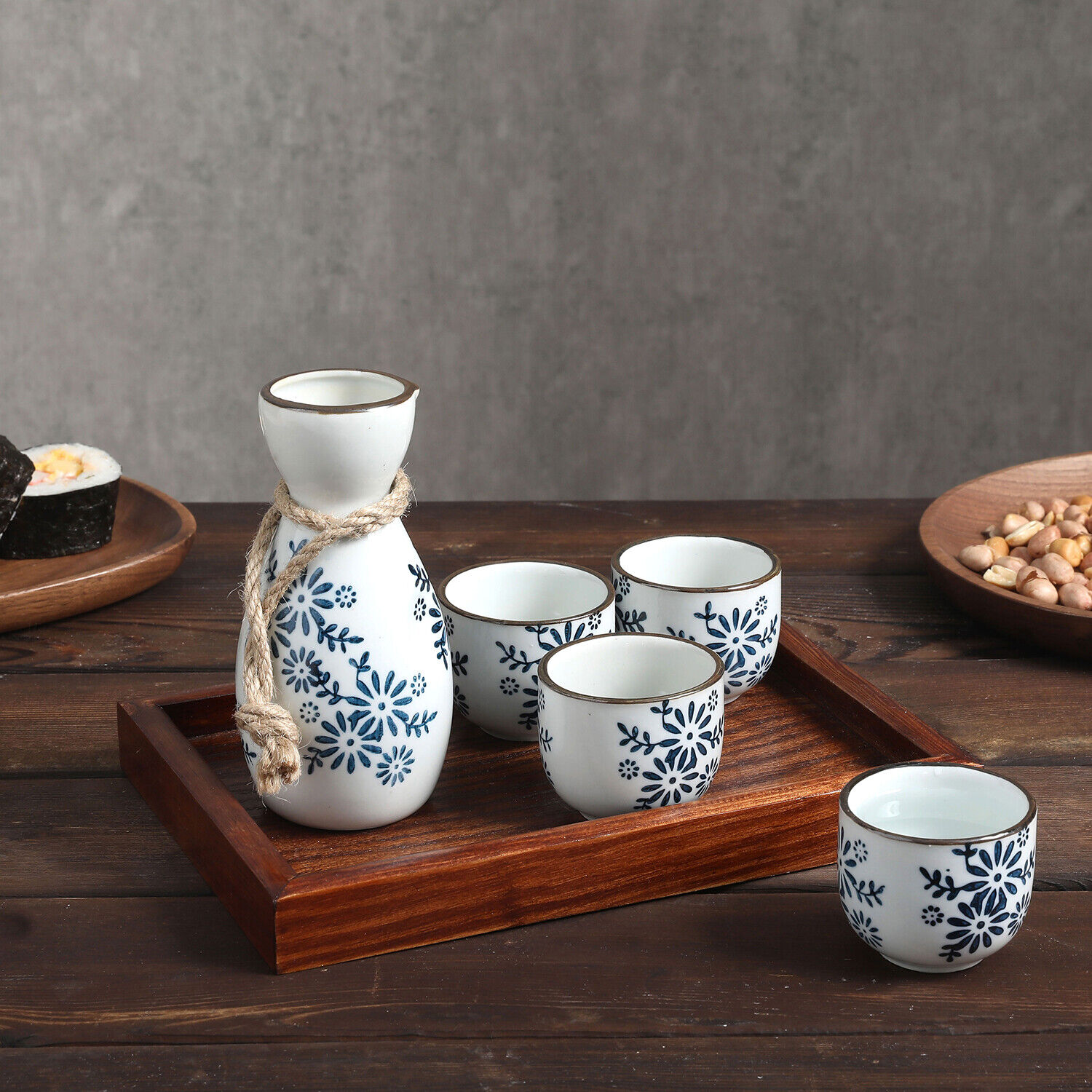 6-Piece Japanese Traditional Blue Floral Pattern White Ceramic Sake Serving Set