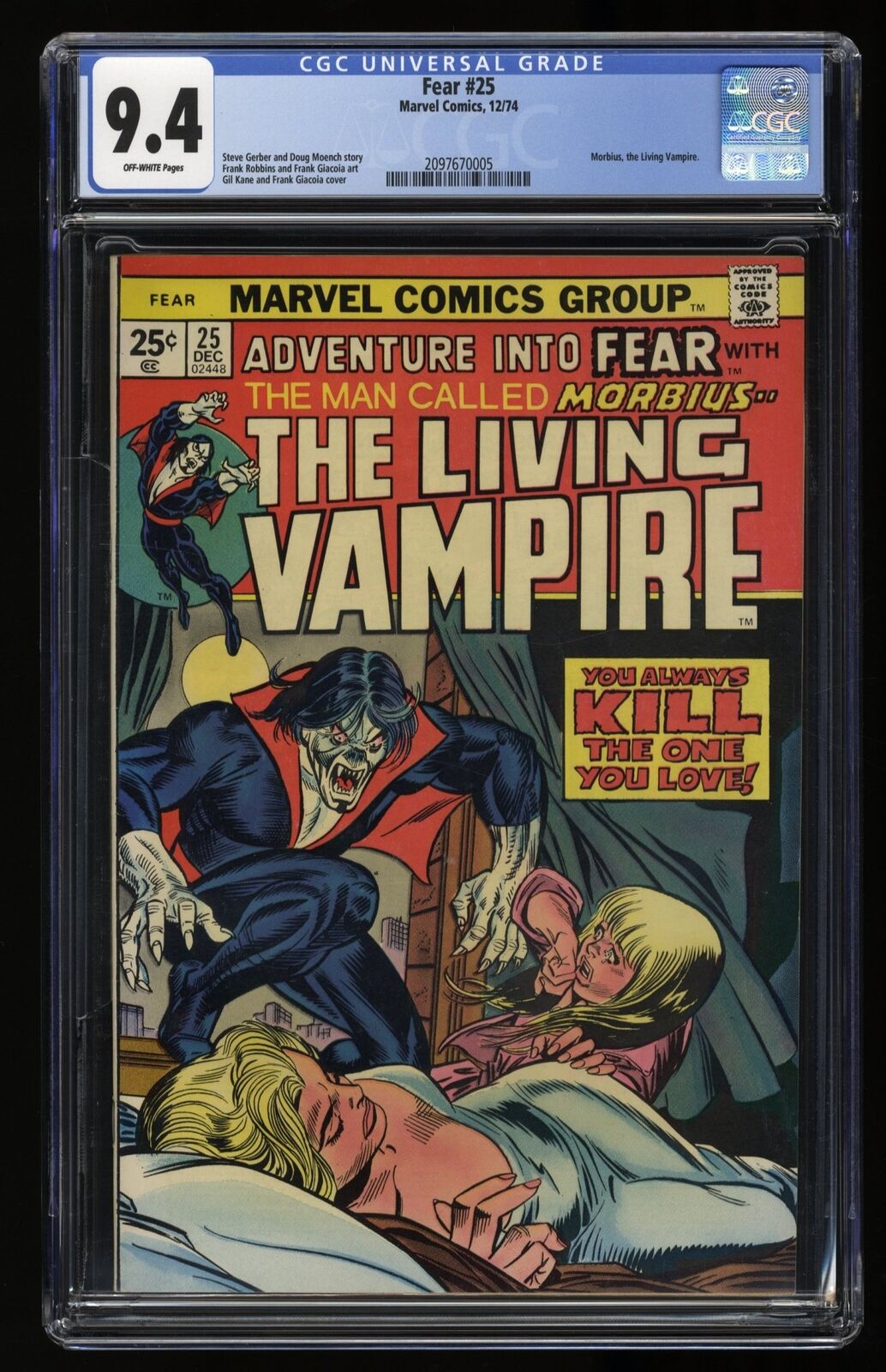 Fear #25 CGC NM 9.4 Off White Morbius Marvel 1974