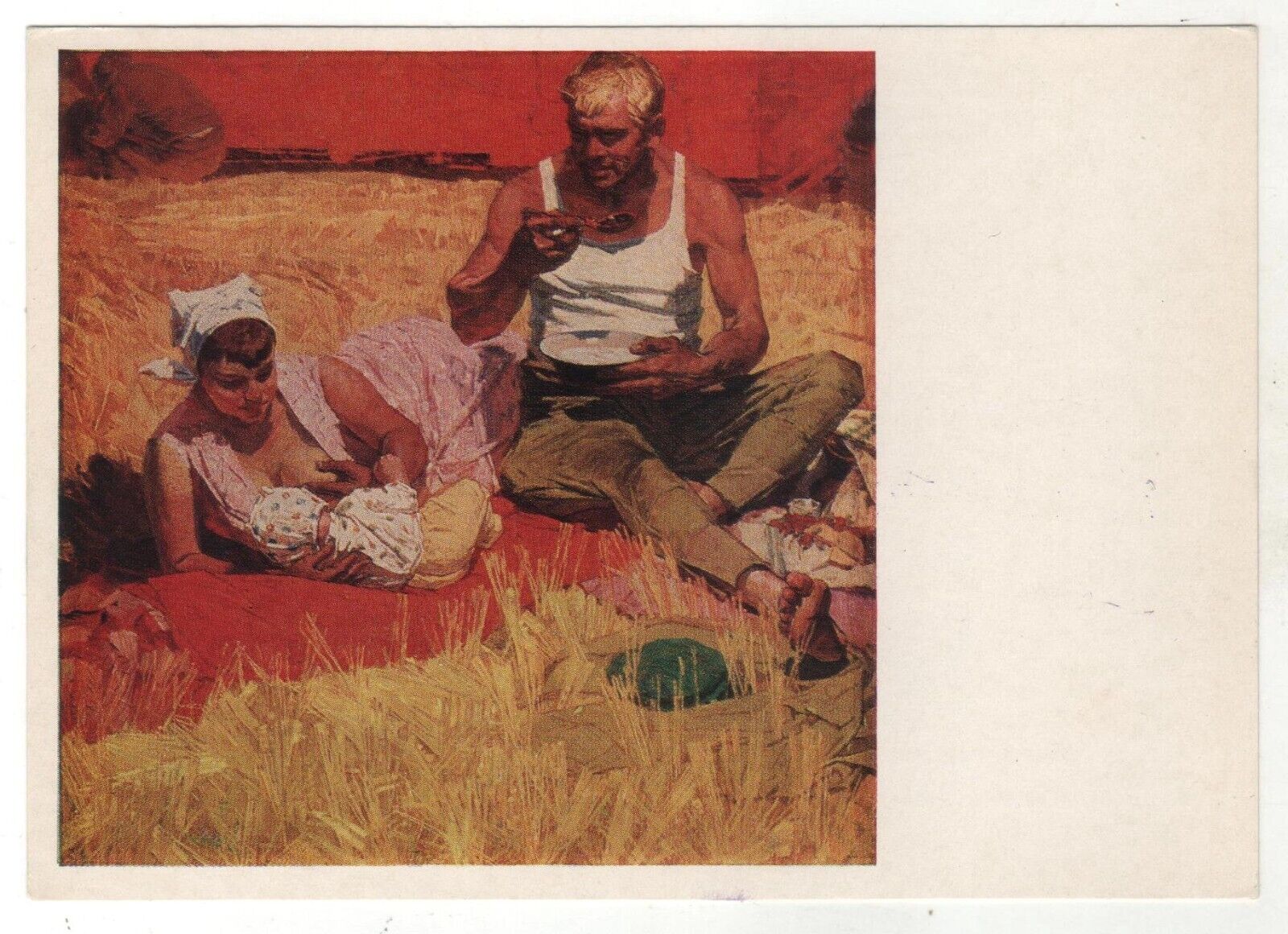 1969 Women & baby nursing breastfeeding Harvest Man Child OLD Russian Postcard