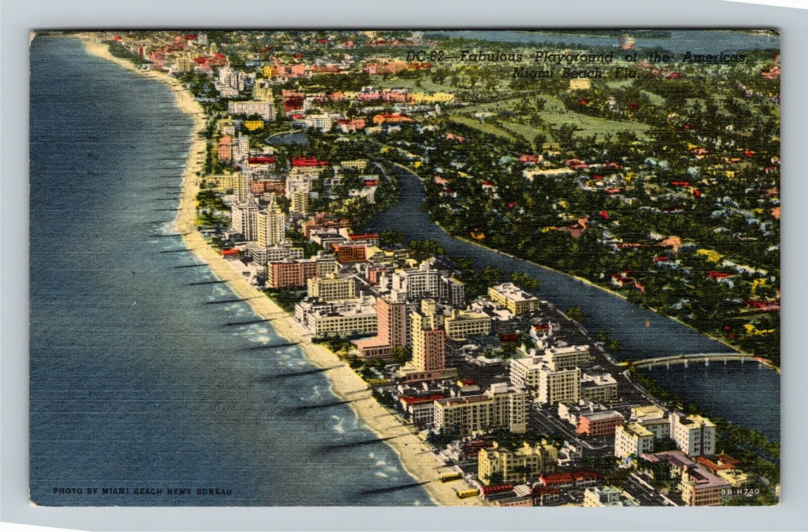 Miami FL-Florida, Aerial View Miami Beach, Hotels, Bridge, Linen c1956 Postcard