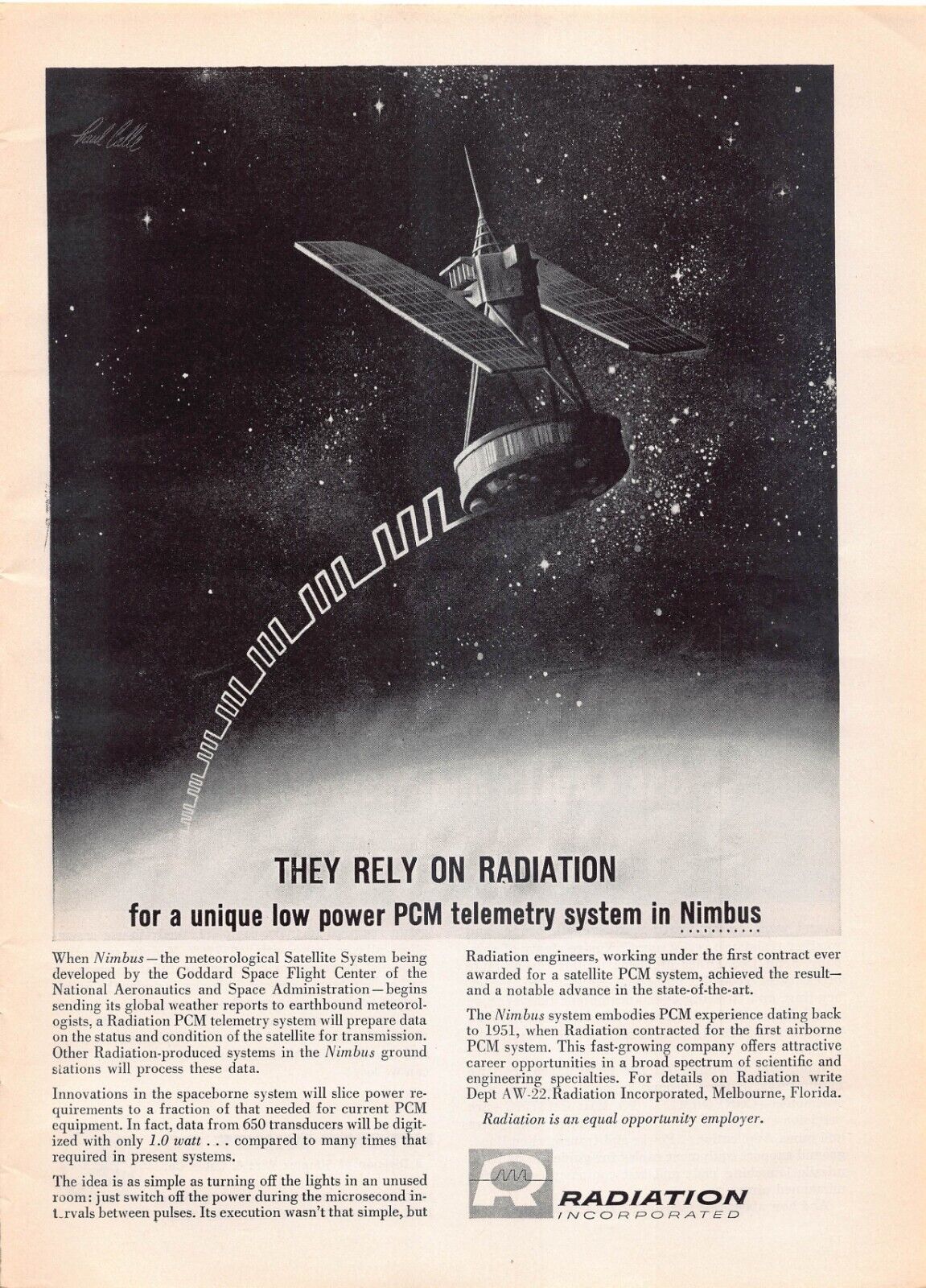 1962 Aviation Week Vtg Print Ad Radiation Incorporated Nimbus Space Satellite