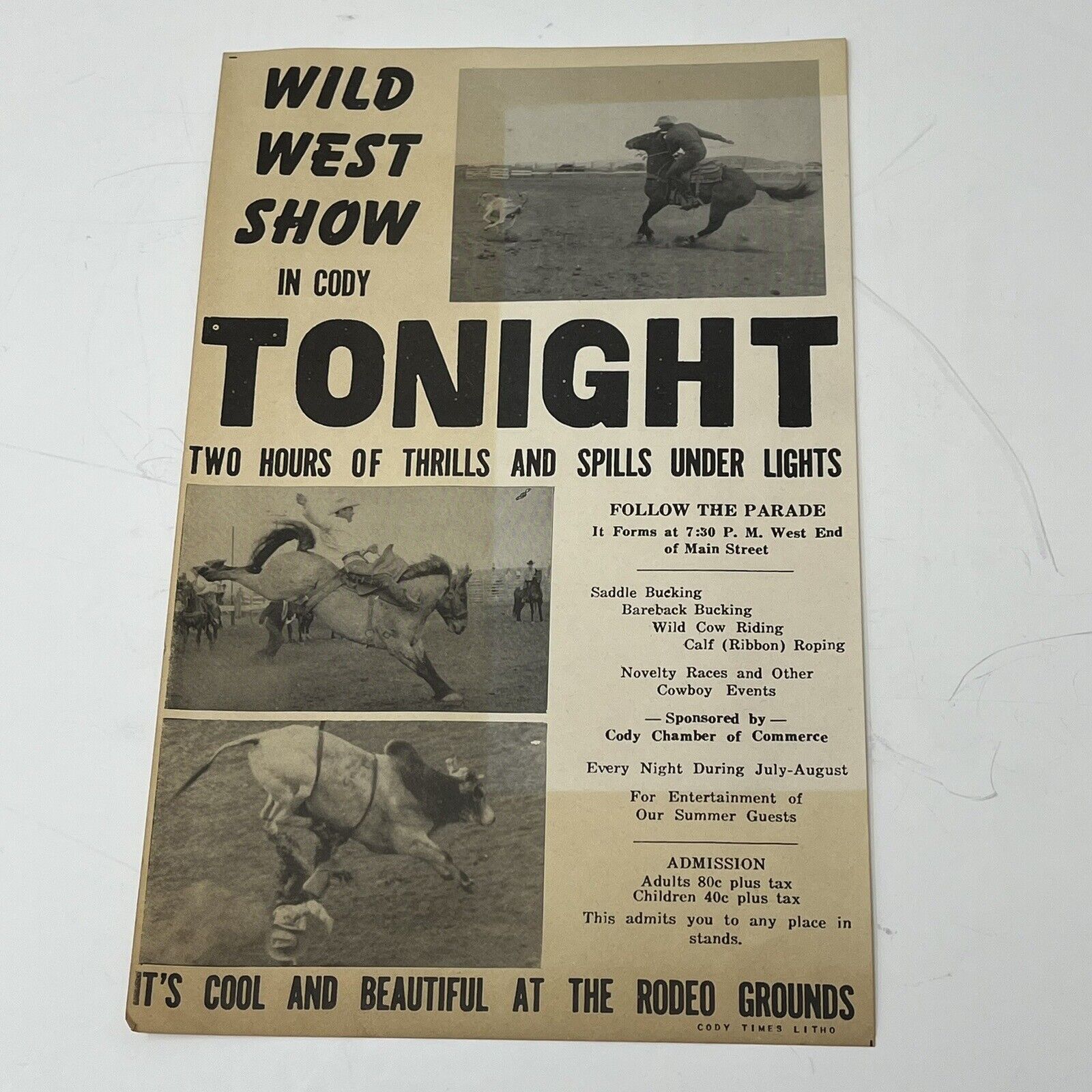 1940's 1950's Wild West Show Cody WY Rodeo Advertising Flyer Sign Small Poster