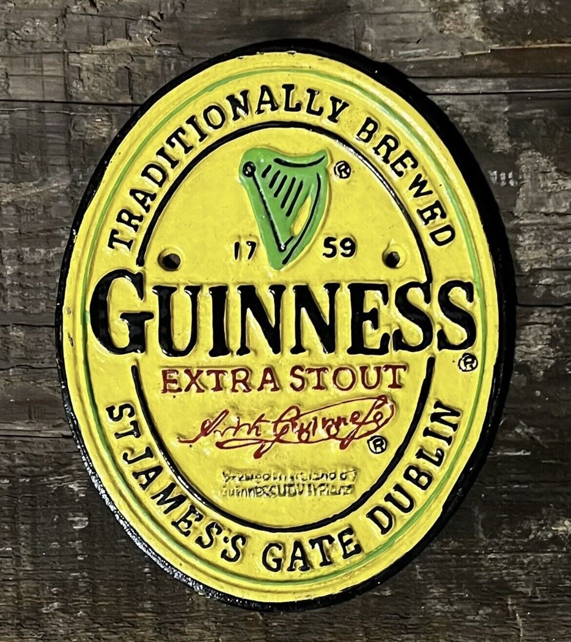 GUINNESS Extra Stout, St.James Gate, Dublin, Cast Iron Oval Sign, 7.75” x 6”