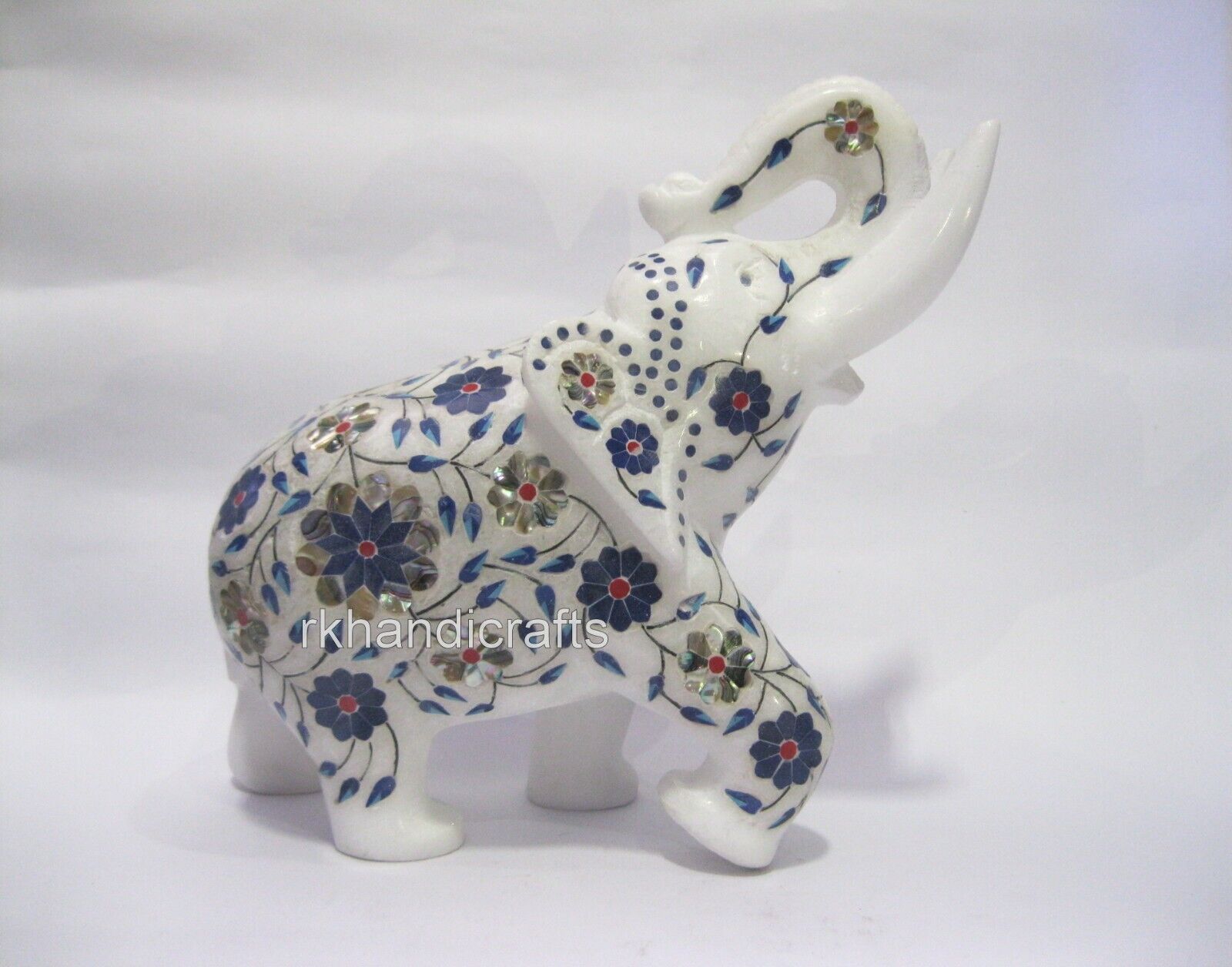 8 Inches Lapis Lazuli Stone Inlay Work Elephant Statue Marble Table Master Piece