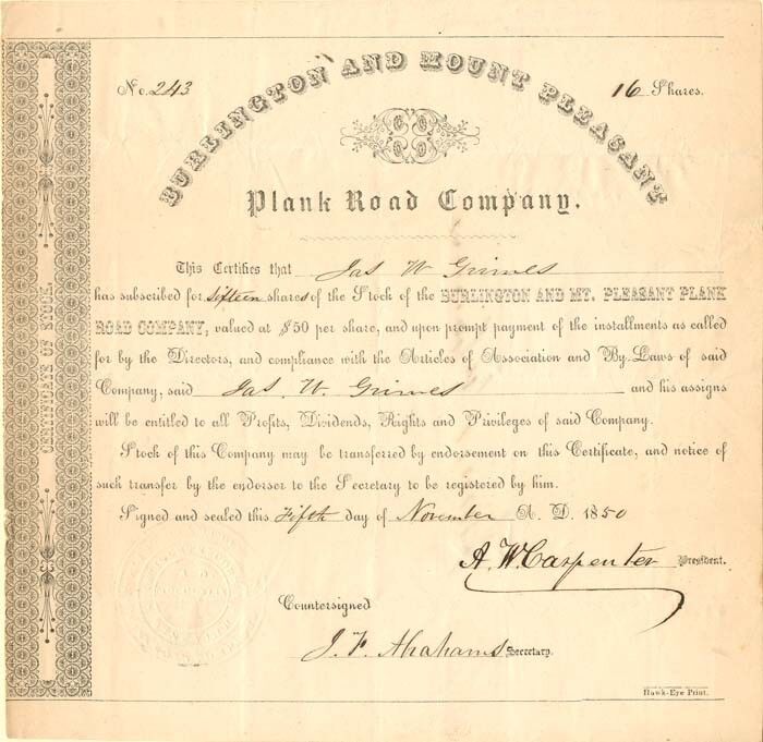 Burlington and Mount Pleasant Plank Road Co. - Early Turnpike Stocks