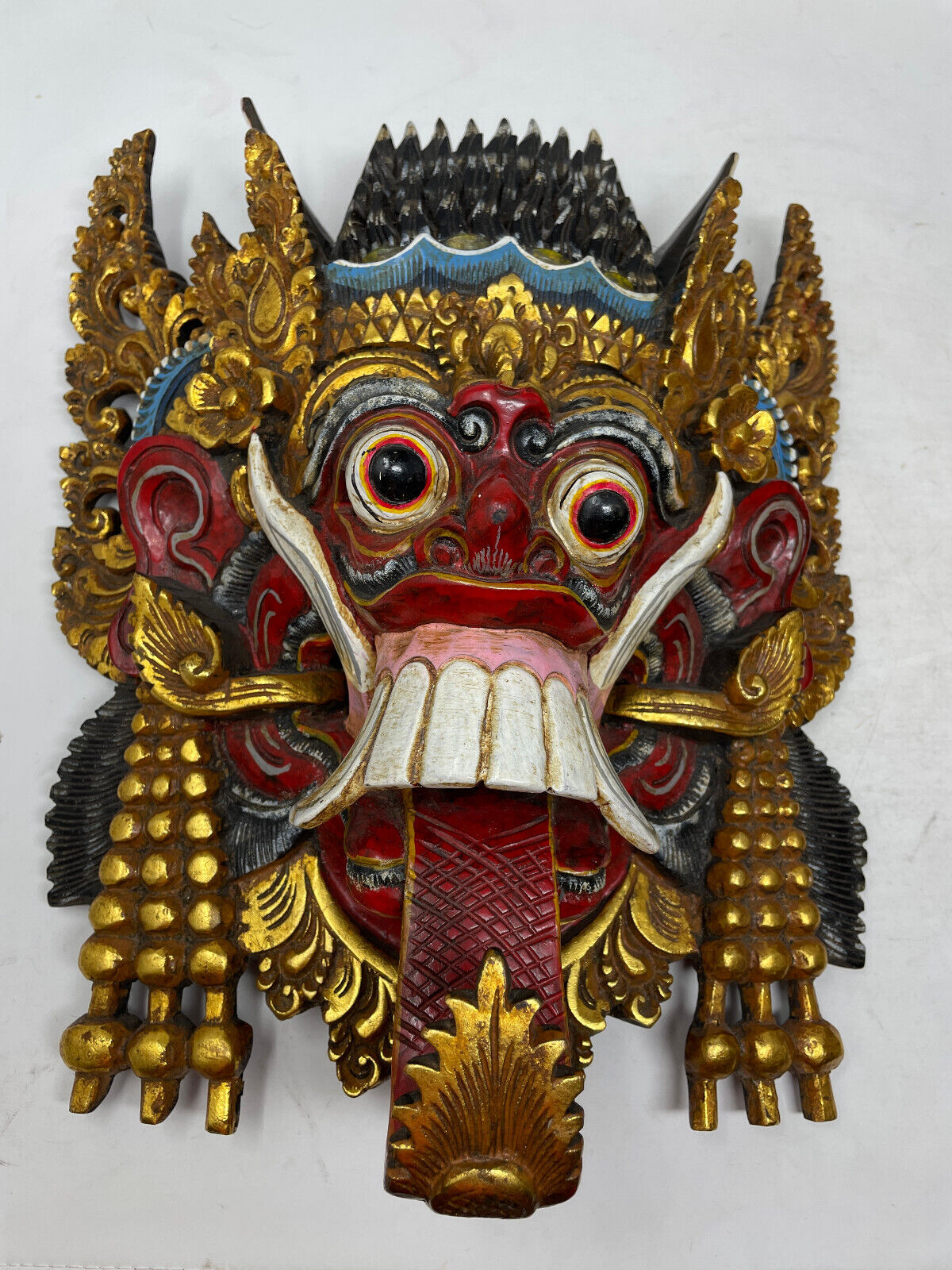 Chinese Indonesian Dragon Lion Mask Hand Carved Painted Red Gold Blue 14\
