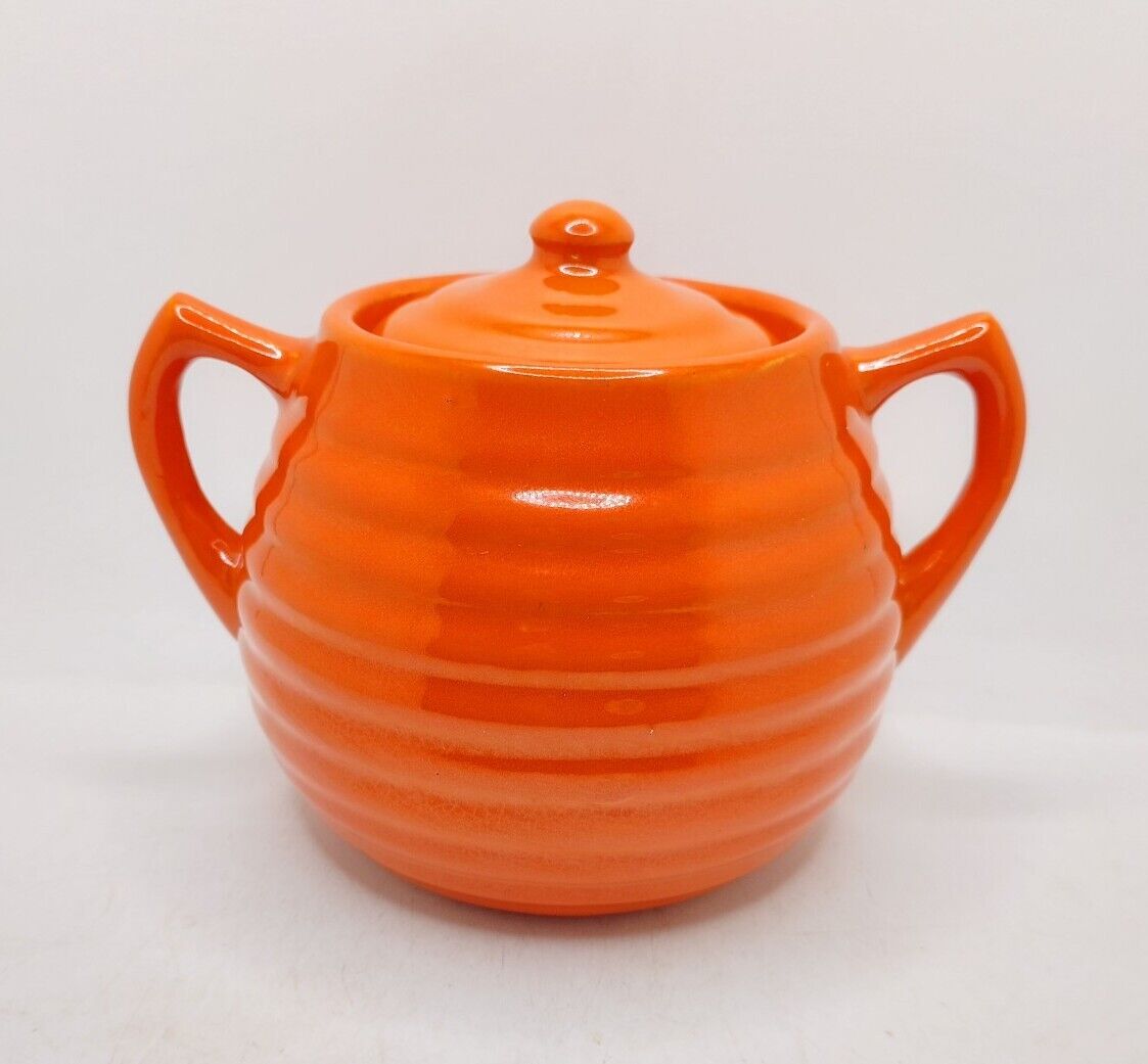 Vintage Bauer Pottery Ring Ware Orange Color Sugar Bowl With Lid