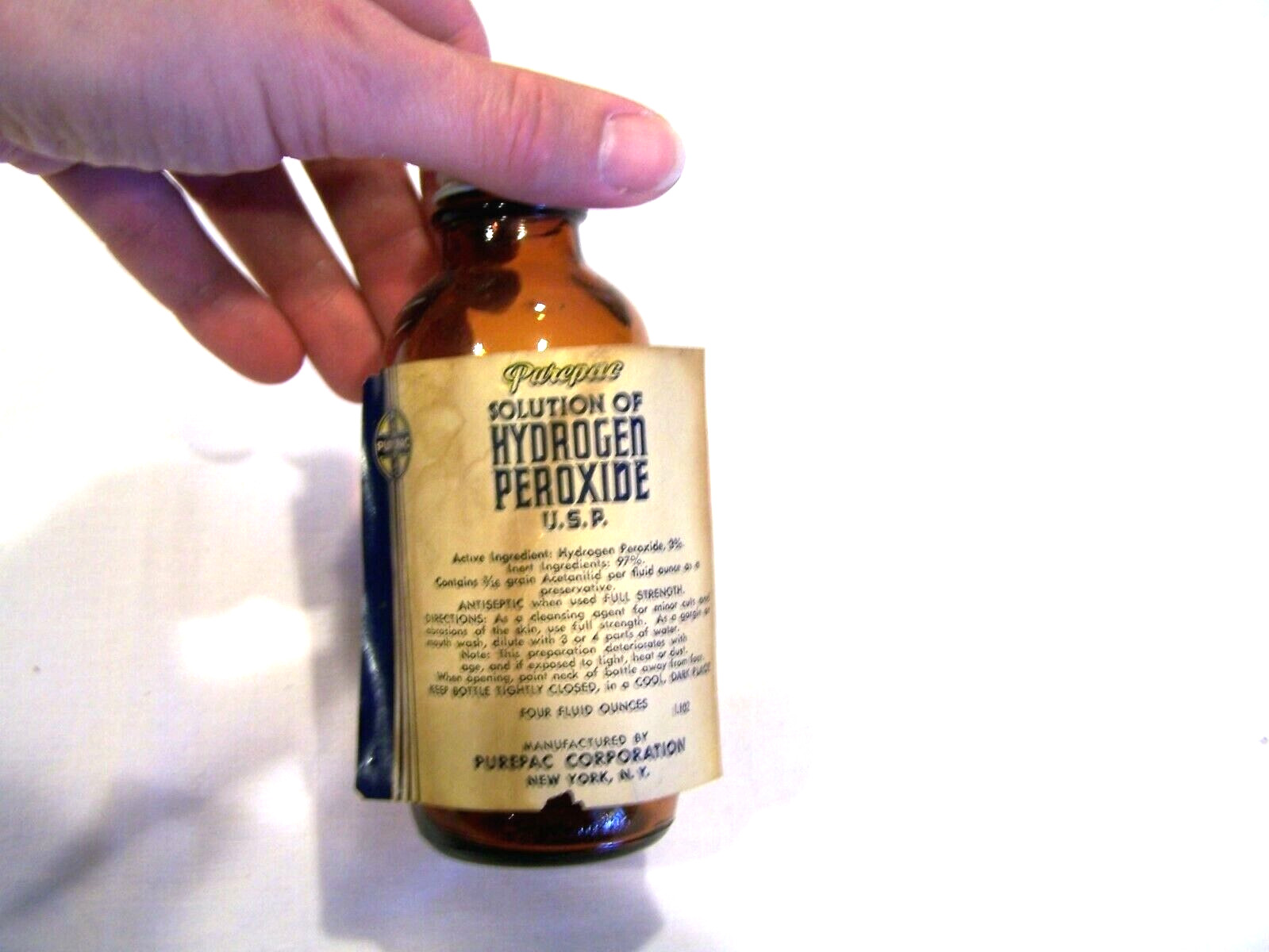 vintage Duraglas Purepac solution of hydrogen peroxide, empty, partial label