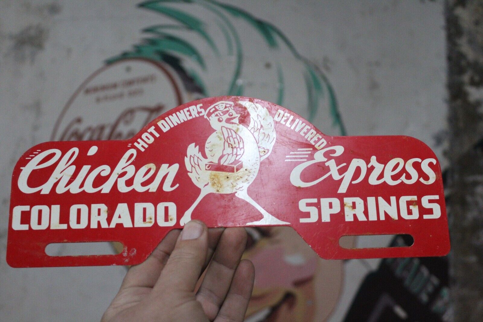 1950s CHICKEN EXPRESS COLORADO SPRINGS PAINTED METAL PLATE TOPPER SIGN FOOD