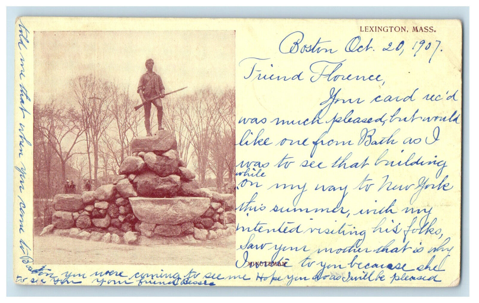 1907 Minuteman Monument Lexington Massachusetts MA PMC Posted Postcard