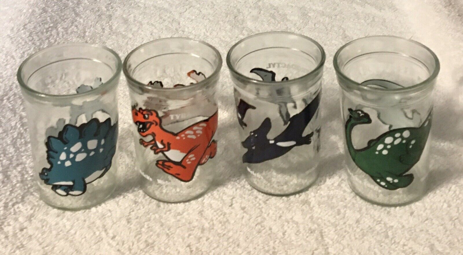 Vintage Complete Set of 4 WELCH\'S Dinosaur Jelly Jam Glass Anchor Hocking