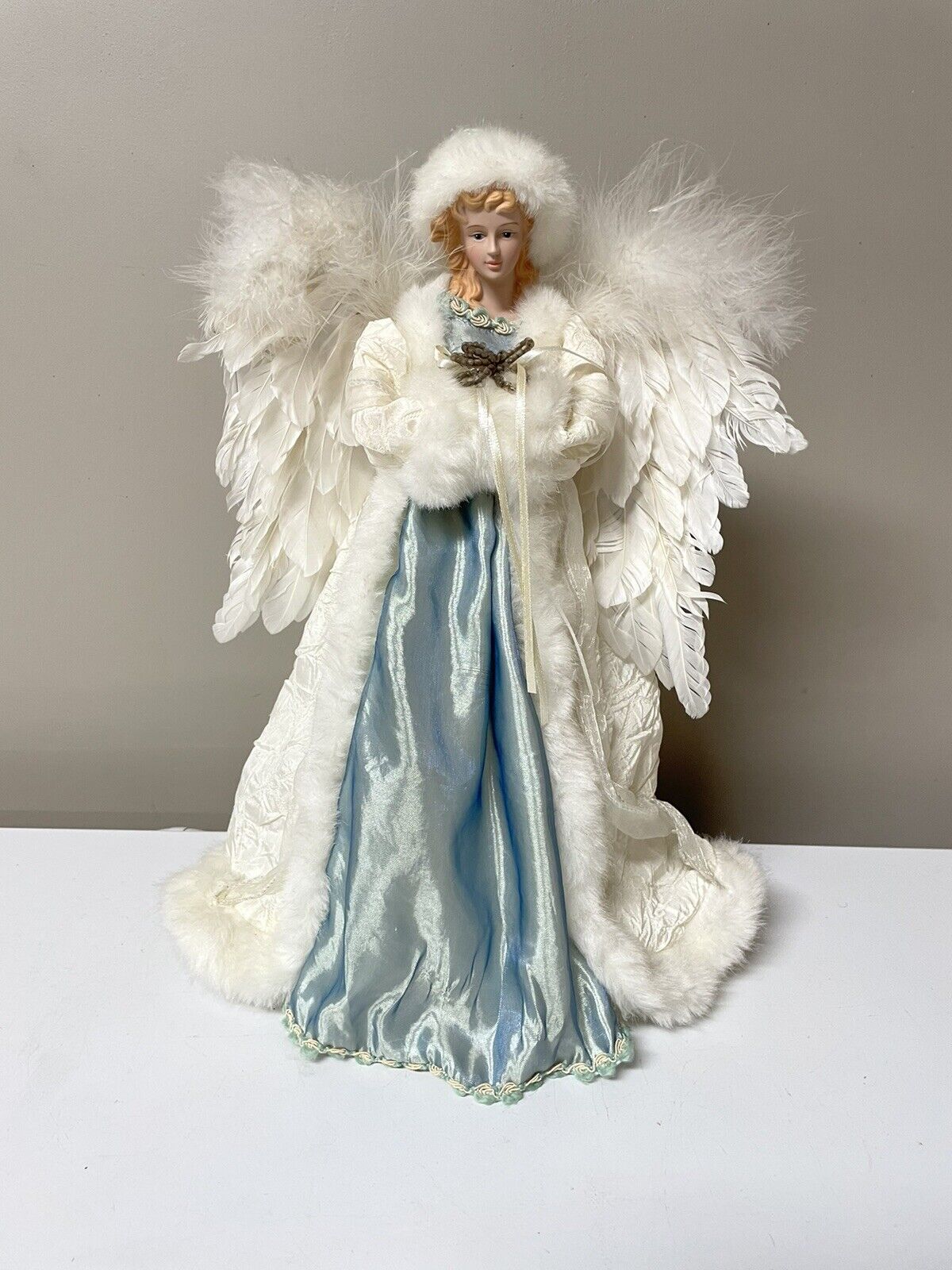 Vtg Angel Christmas Topper Porcelain Face White & Blue Gown Feather Wings 16”