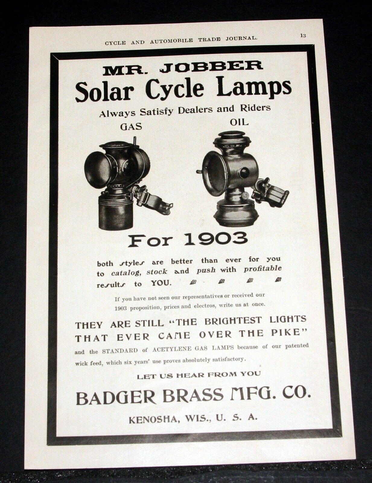 1903 OLD MAGAZINE PRINT AD, SOLAR CYCLE LAMPS, ALWAYS SATISFY DEALERS & RIDERS 