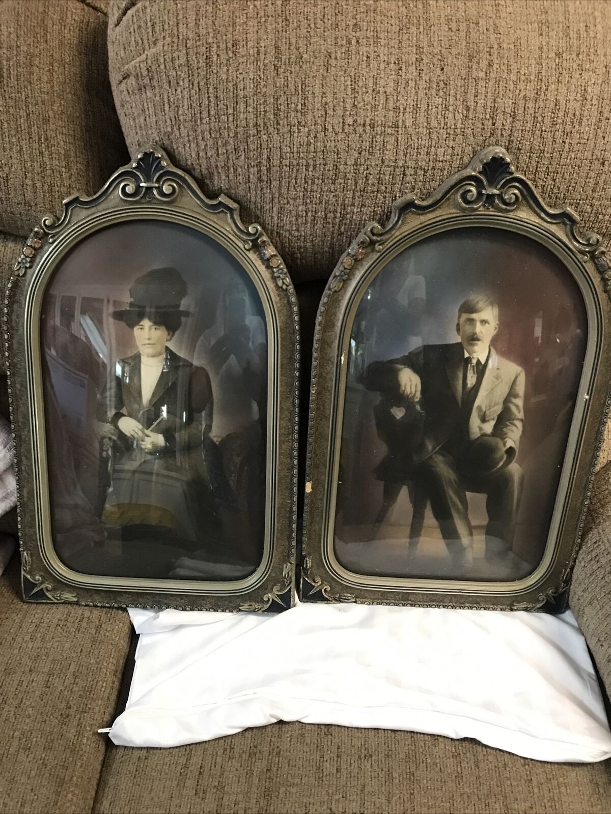 vintage wood picture frame Pair  12 X19 Dome Glass  Man And Lady Brown And Gold