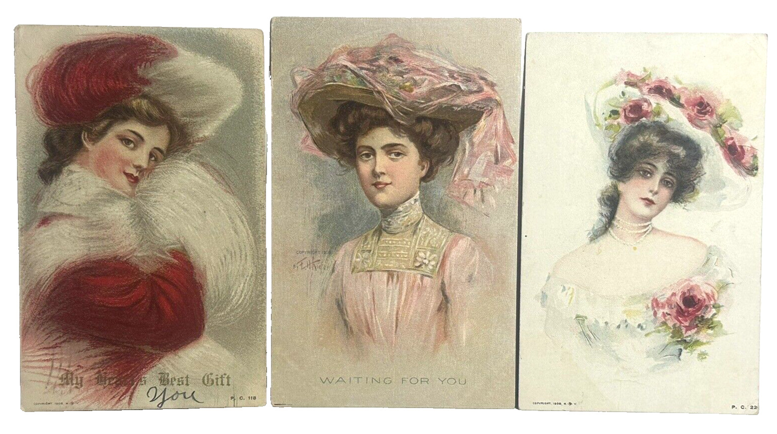 Pretty Lady Postcard Merry Widow Hats Muff Roses (1) a/s E H Kiefer Lot 3