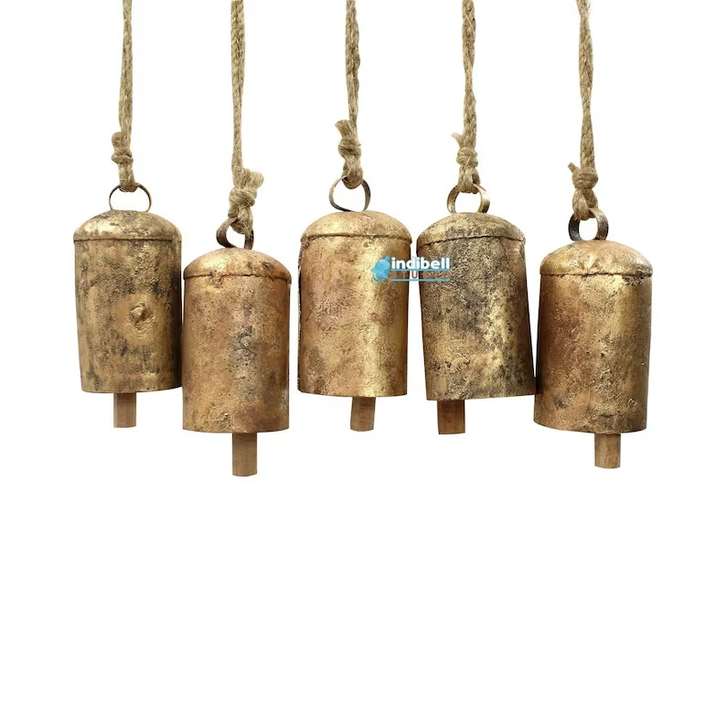 5 Large Rustic Hanging Cow Bells Decor, Rounded Top Antique Style Garden Decor B