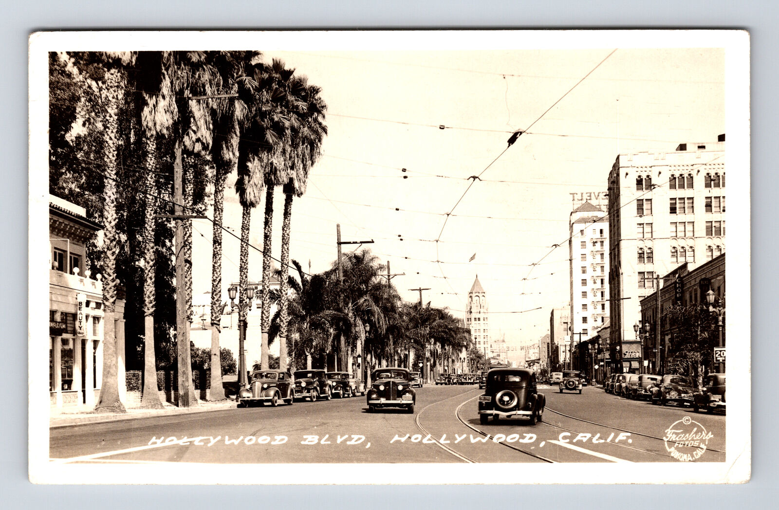 RPPC 1945 FRASHERS FOTO Hollywood Blvd Old Cars Palm Trees Hollywood CA Postcard