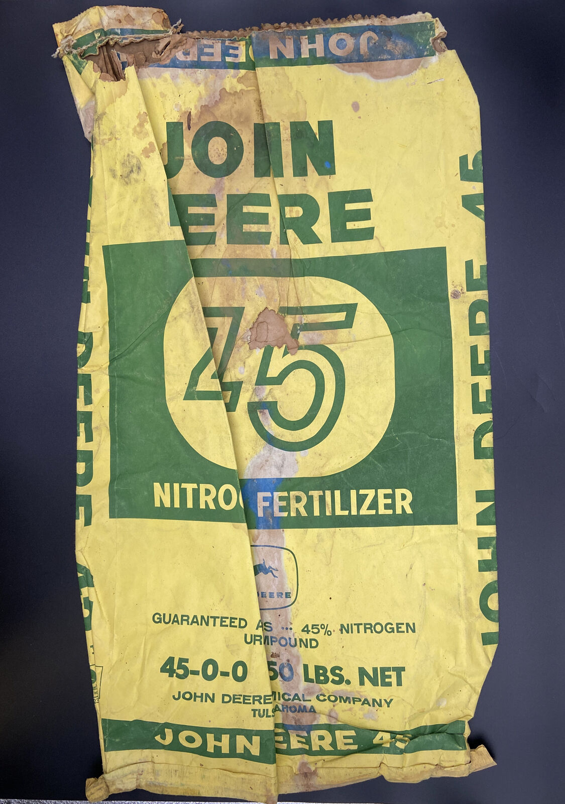 Genuine John Deere 45 Nitrogen Fertilizer Rare Paper Sack 50 LB Tulsa Oklahoma