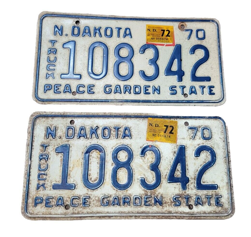 Vintage Antique Pair 1970 North Dakota Truck license plates 108342 Peace Garden