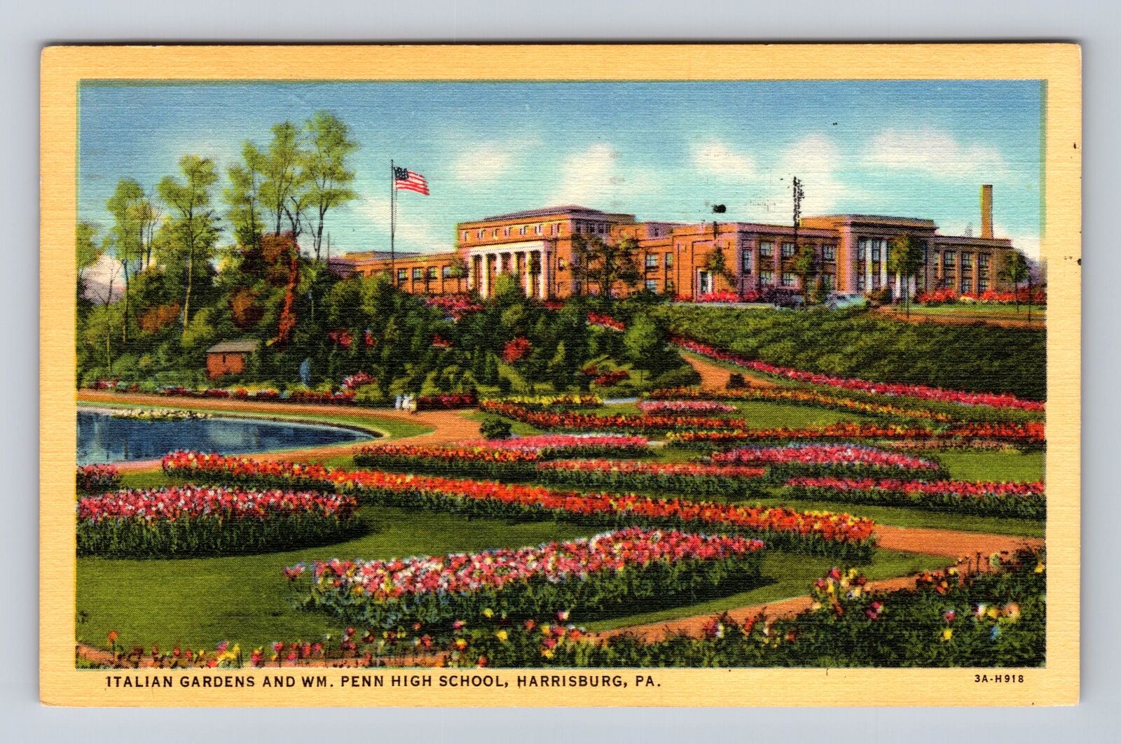 Harrisburg PA-Pennsylvania Gardens, Wm Penn High School Vintage c1949 Postcard