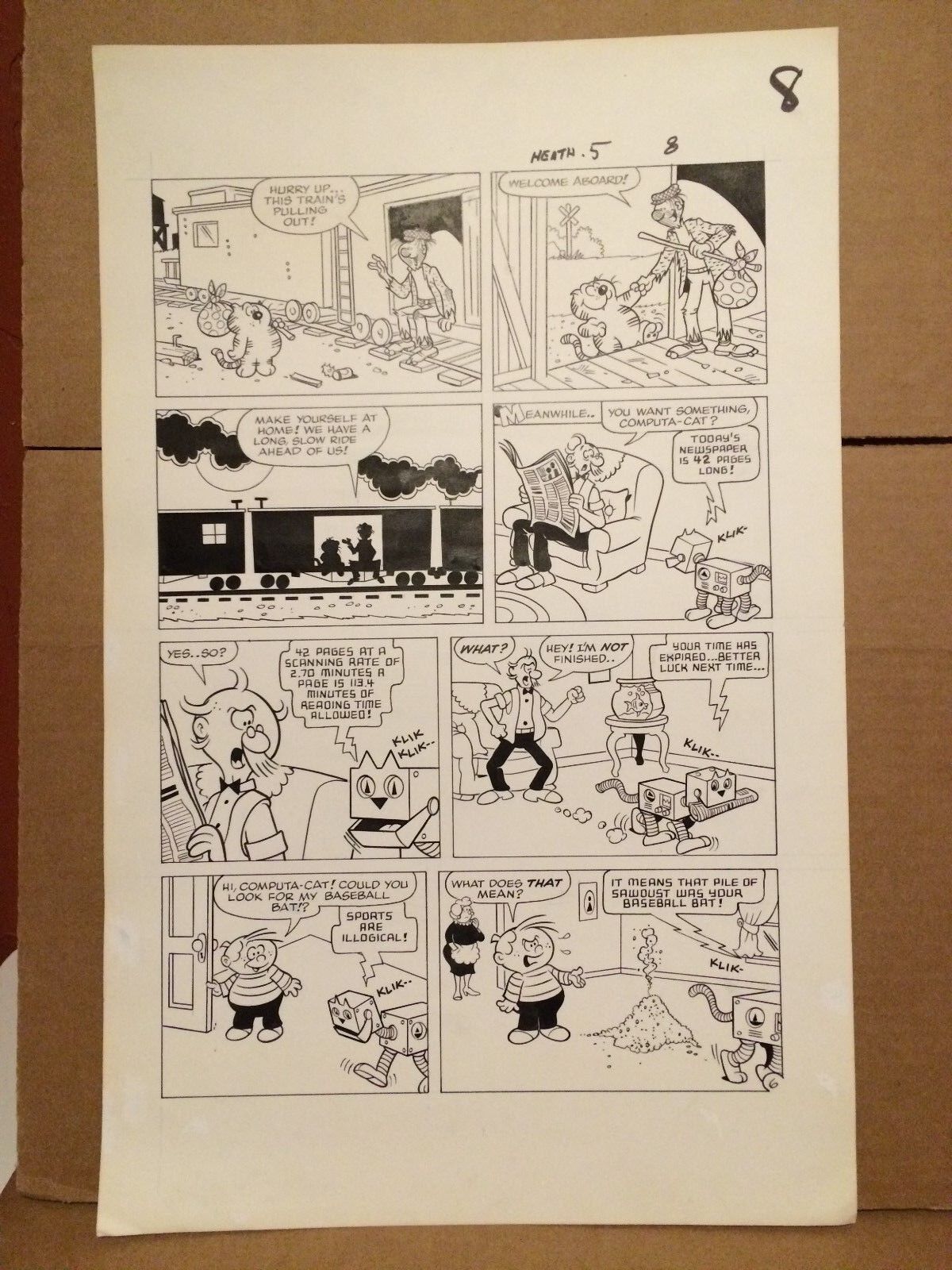 HEATHCLIFF #5 original comic art 1985 COMPUTER ROBOT CAT, HOBO TRAIN, STAR, IGGY