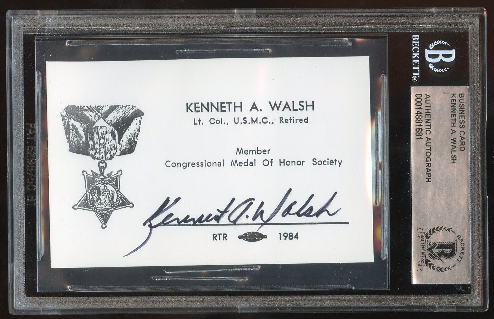 Kenneth A. Walsh d1998 signed autograph USMS WWII MOH Business Card BAS Slab