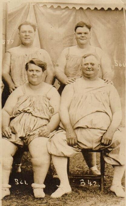 FOUR CIRCUS FAT MEN Rare Antique FREAK PHOTO 1910 Sideshow History OBESE FAMILY 