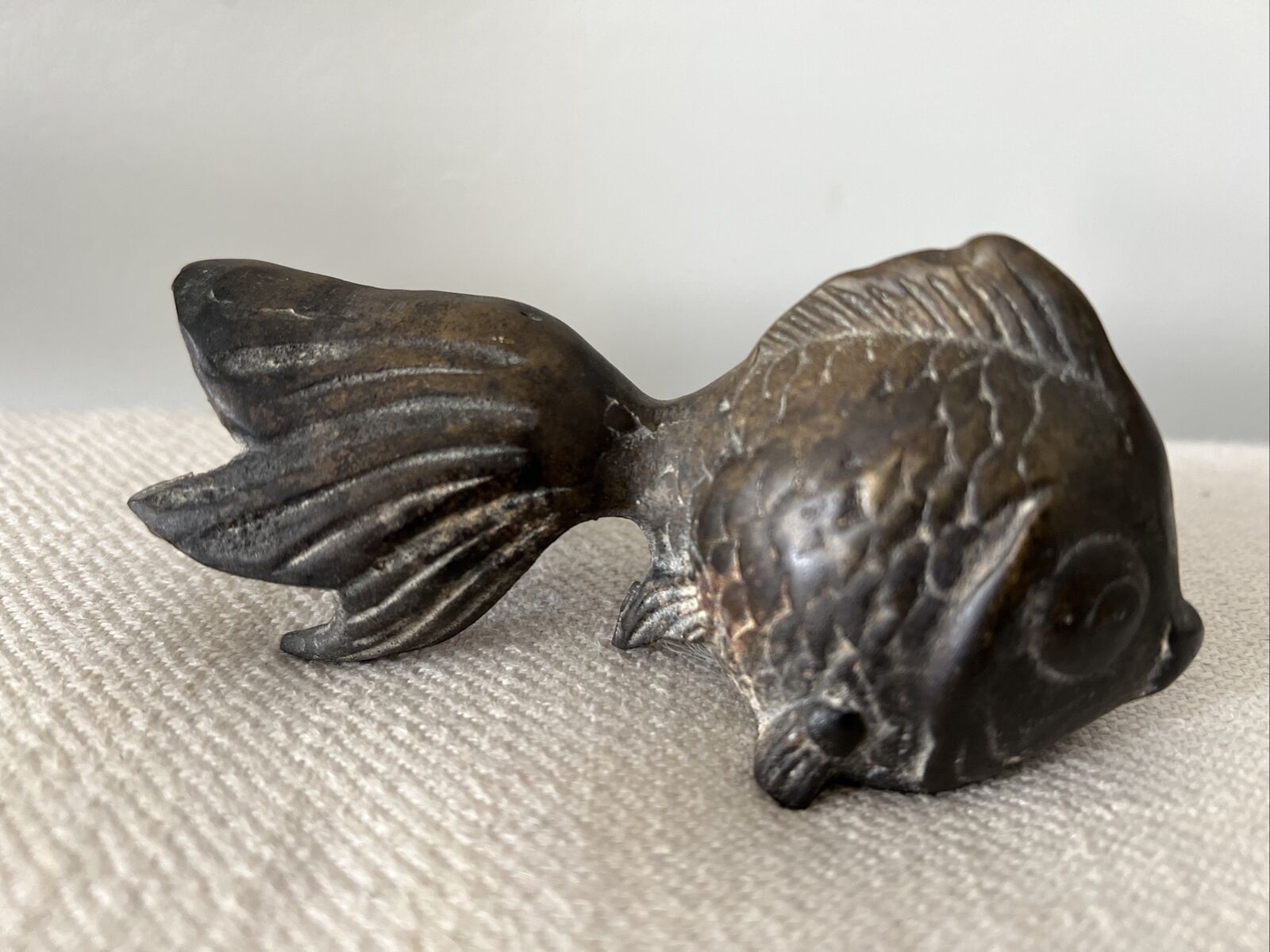 Antique Solid Beautiful Patina Brass Koi Gold Fish Paperweight Figurine