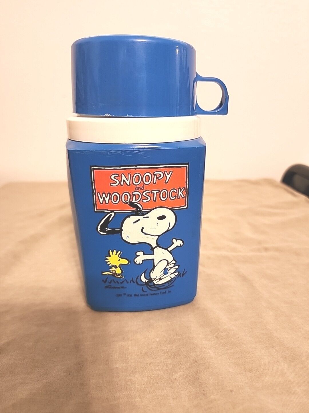 Vintage Copyright 1958/1965 Snoopy & Woodstock Peanuts Blue Thermos