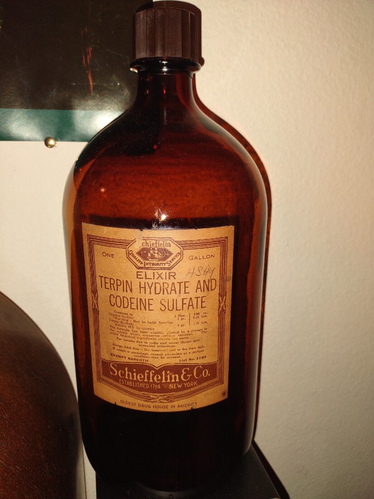 Codeine Sulphate Empty Glass Gallon Medicine Bottle Schieffelin Pharmacy Antique