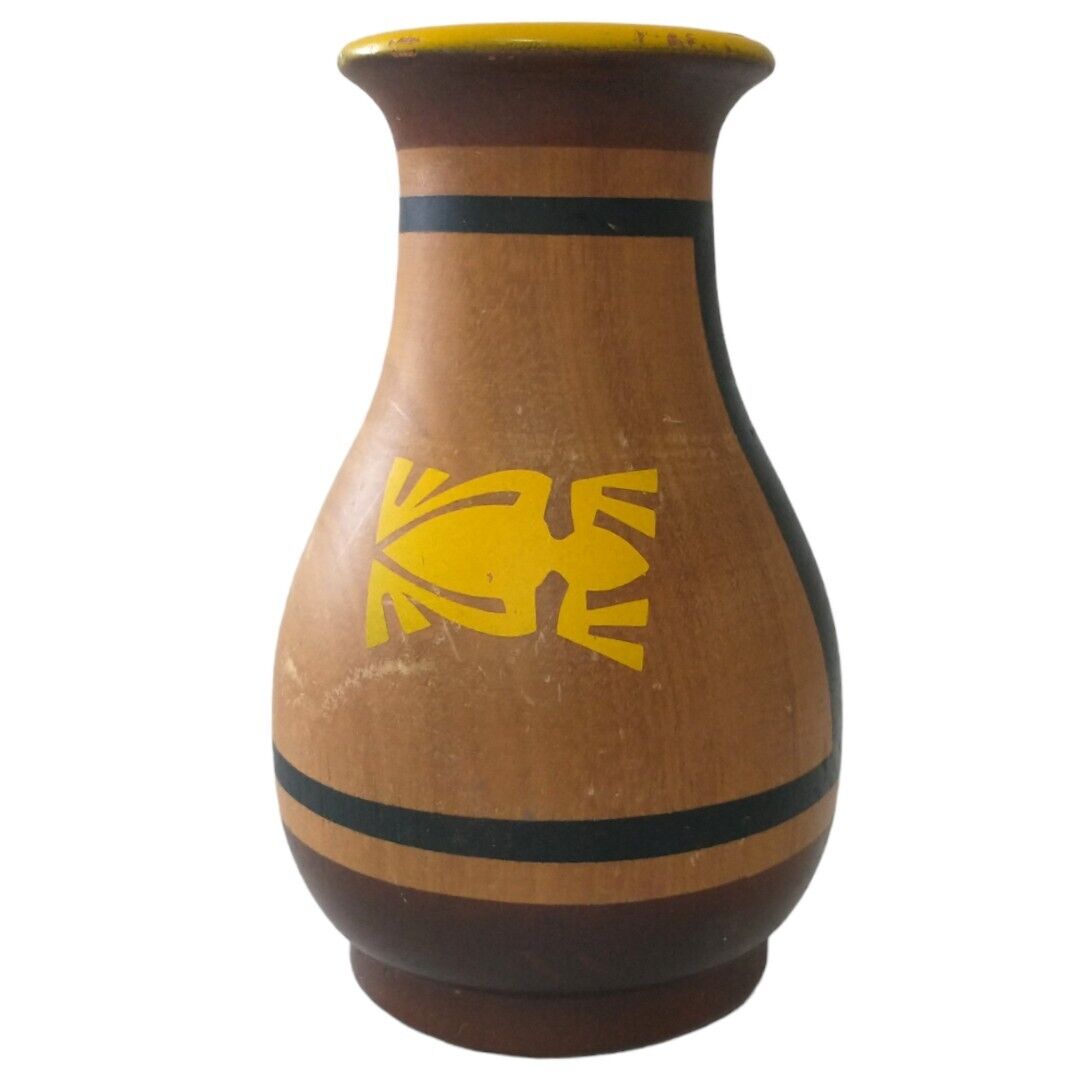 Vtg Hand Turned Wood Vase Bud Urn Southwest Aztec Western Hand Painted Wooden