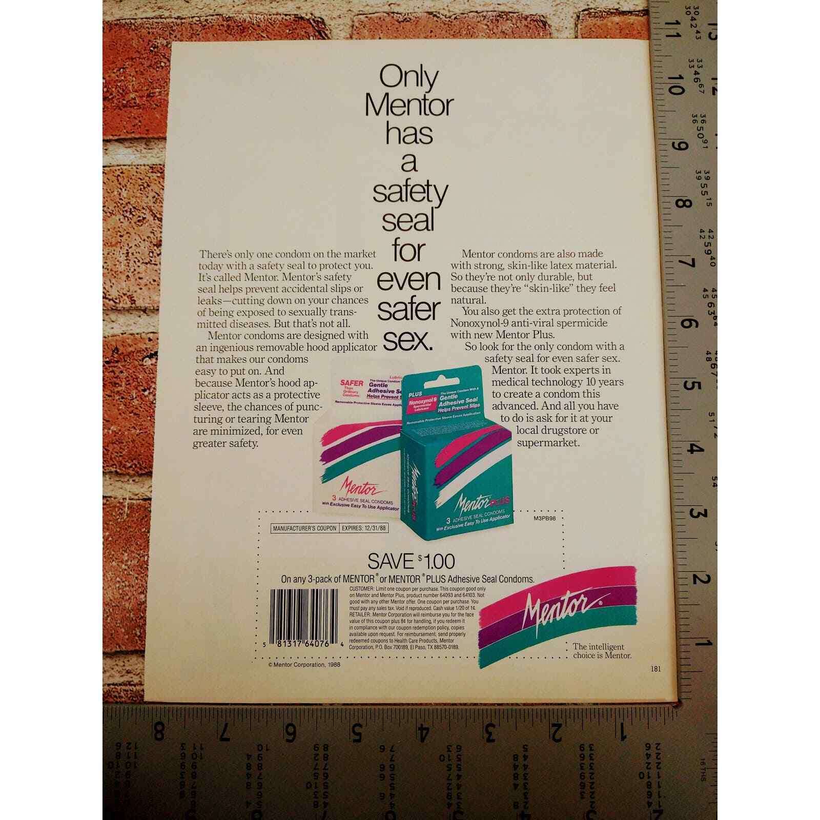 Mentor - Safety Seal for Even Safer Sex - Orig 1988 Vtg Contraceptives PRINT AD