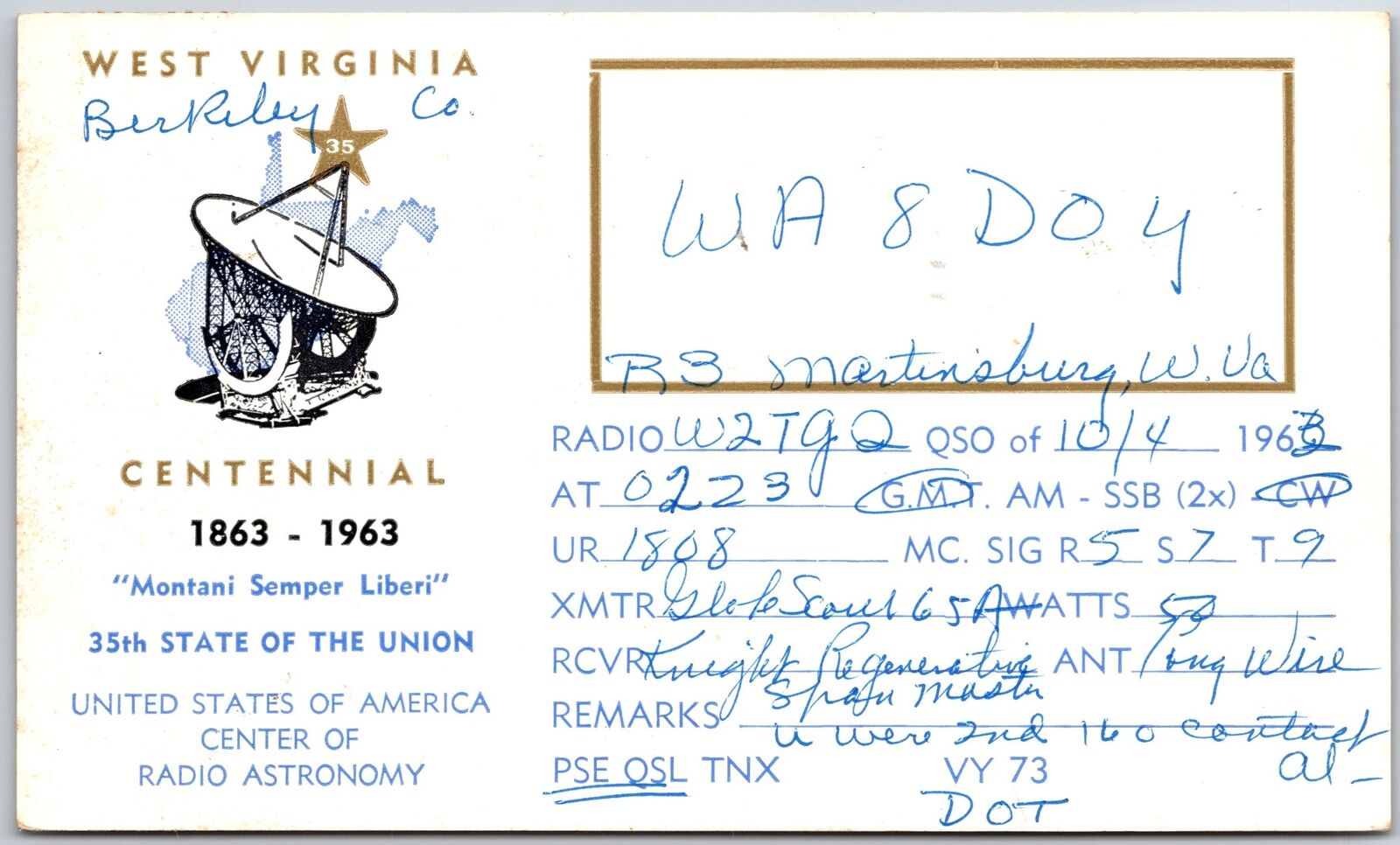 1963 QSL Radio Card Code WA8DOY West Virginia Amateur Station Posted Postcard
