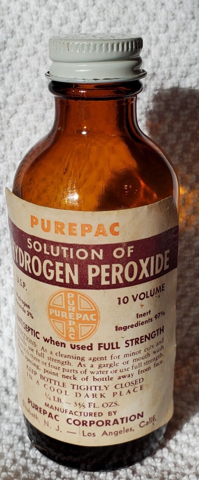 Vintage Purepac Hydrogen Peroxide Amber Glass Bottle With Contents