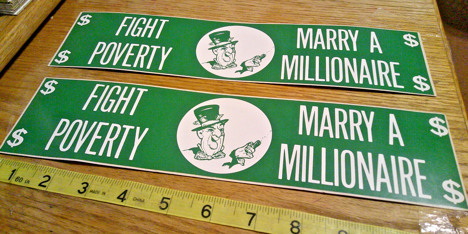 2 original VINTAGE 70's BUMPER STICKERS humor fight poverty marry a millionaire