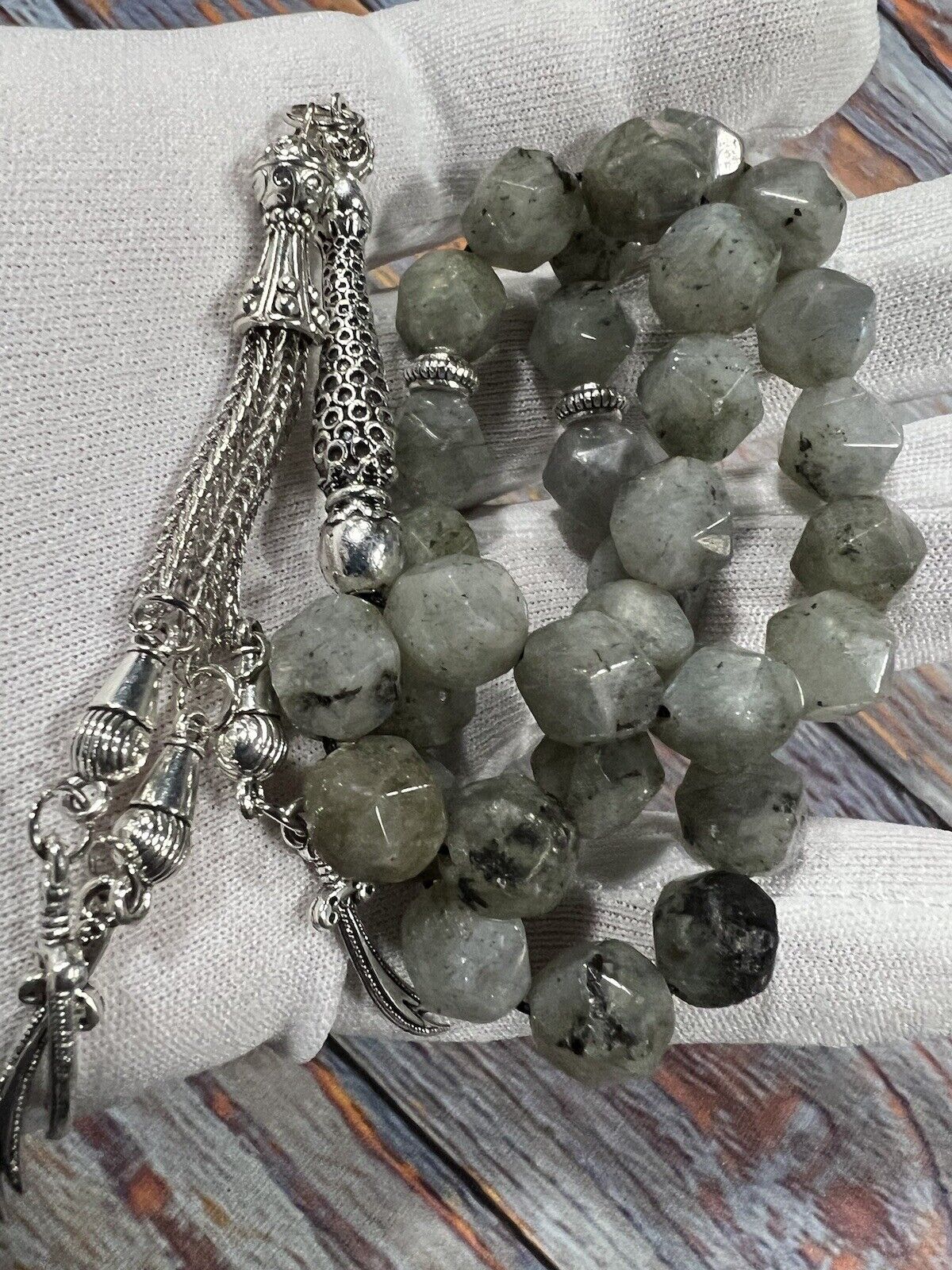 Natural Labradorite Gemstone Tasbih Rosary Prayer Beads مسبحة سبحة حجر الطاؤوس