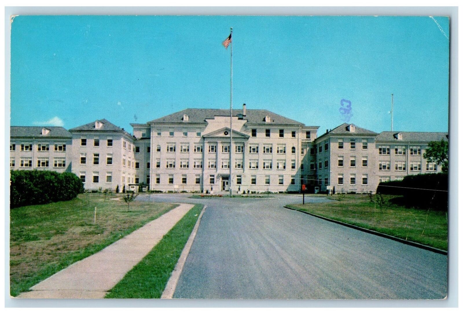 1974 Veterans Administration Hospital Front View Flag Tupper Lake NY Postcard