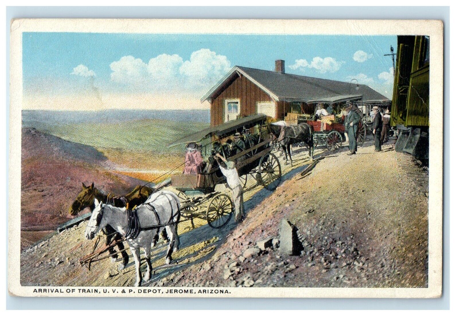 c1930\'s Arrival On Train U.V. & P. Depot Jerome Arizona AZ Vintage Postcard