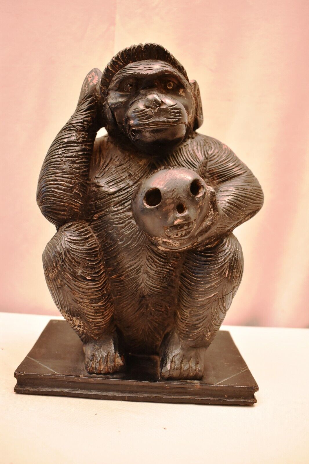 Antique Darwin Thinking Monkey Skull In Hand Sculpture Figurine Wooden Chimpanze