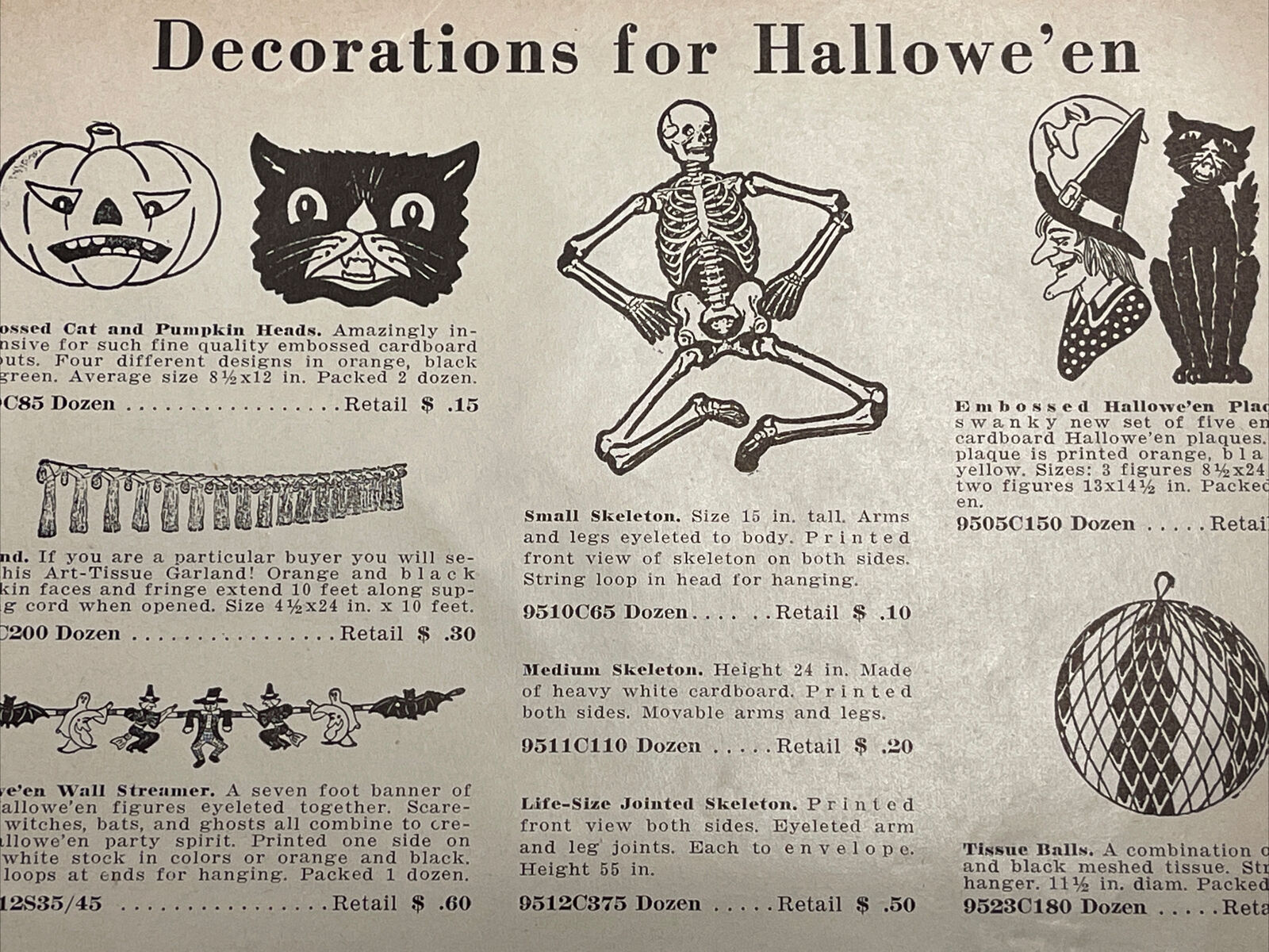 Vintage 1956 Halloween Decoration Catalog Pages x2 Witch Skeleton JOL Hats ++