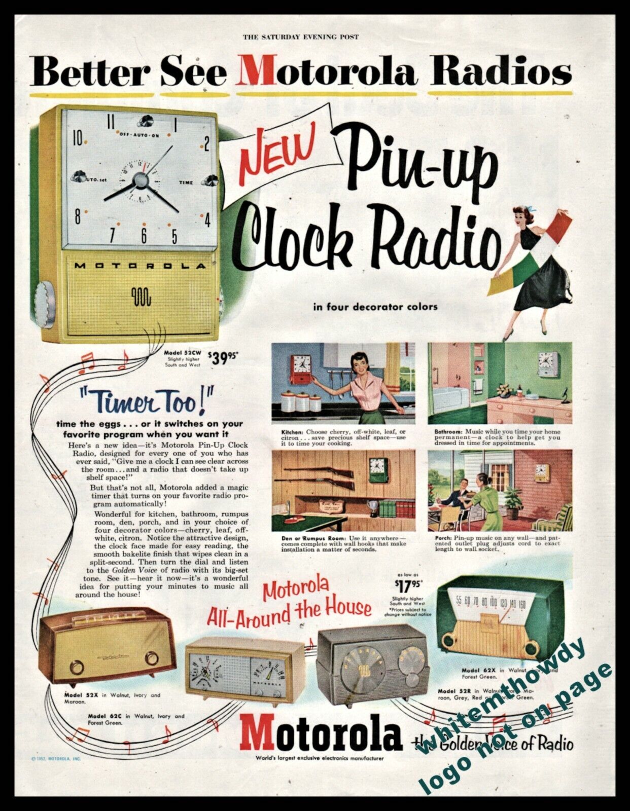 1952 MOTOROLA Model 52CW Wall Clock Radio PRINT AD w/ 52X 62C 52R 62X