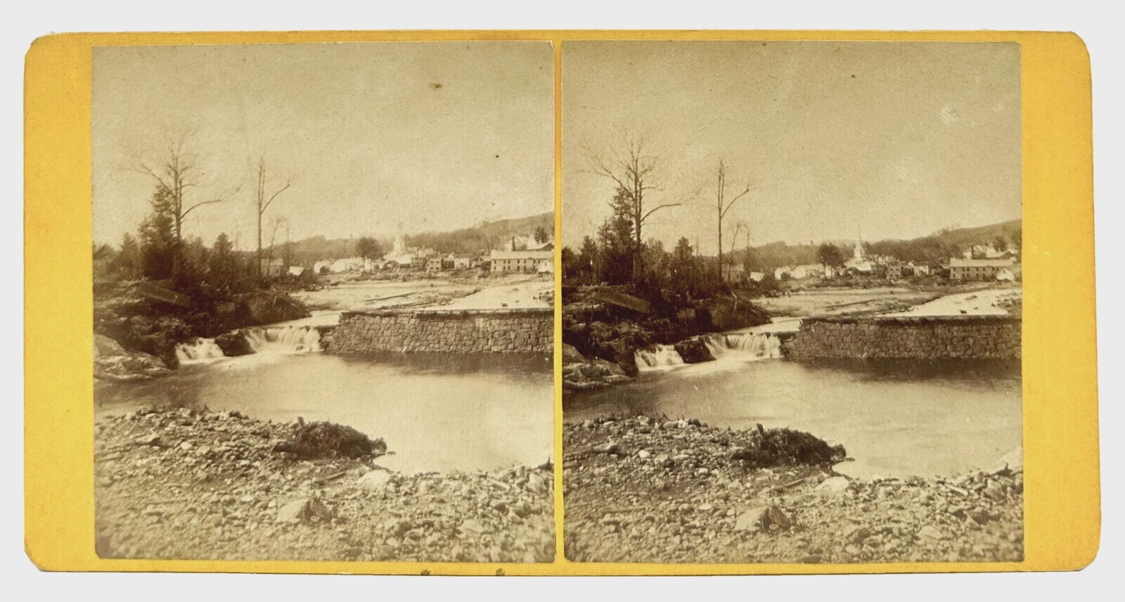 Stereoview Card Photo Of Mill River Flood Of 1874 View of Haydenville Up River