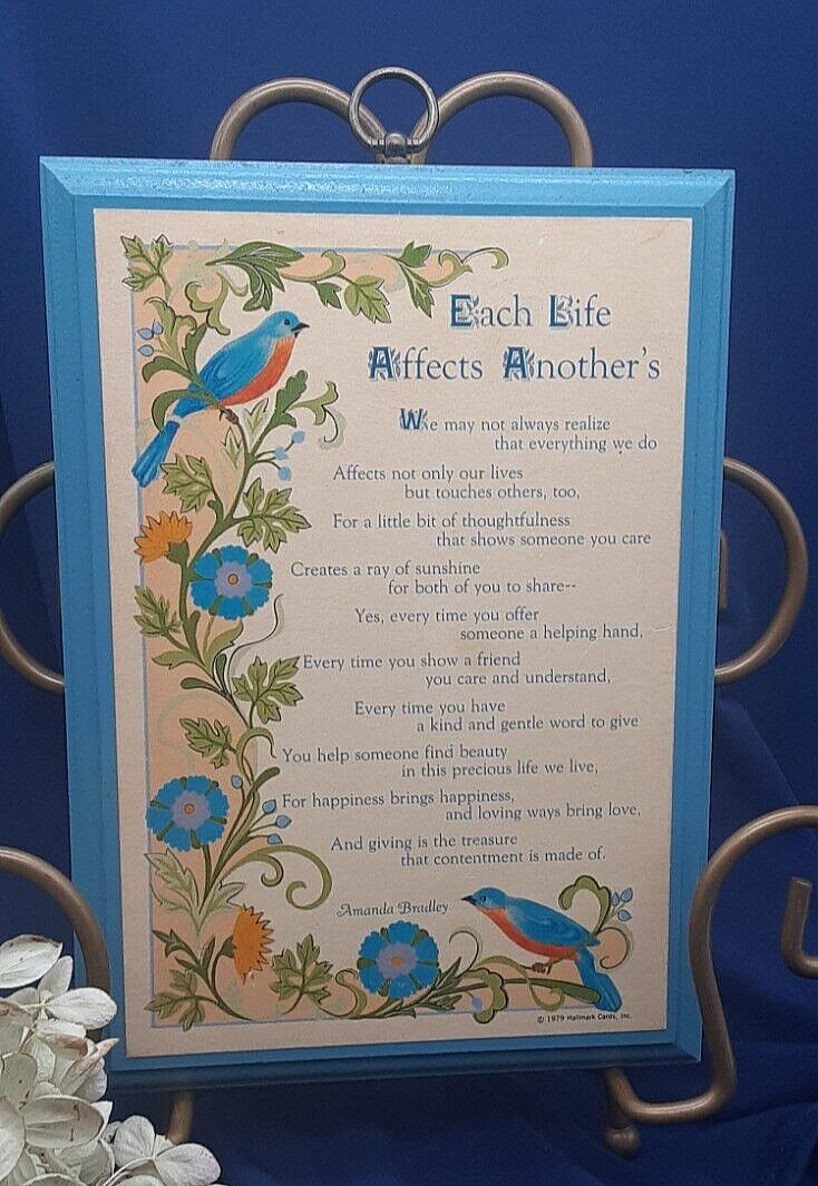 Hallmark wood Plaque poem Each Life Affects Another Amanda Bradley 1979 Bluebird