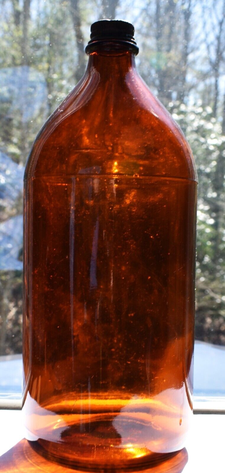 Hazel Atlas Amber Glass Bottle Chemical 36 oz with Cap Rare Antique Art Deco