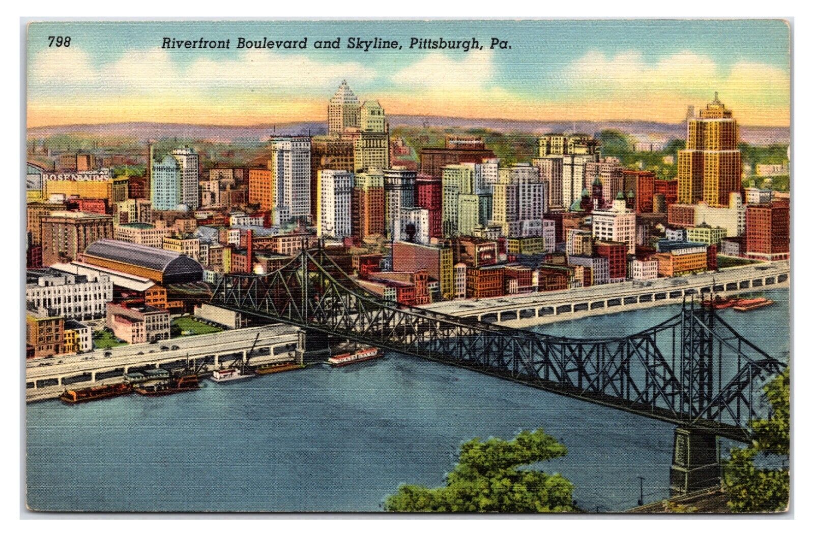 VTG 1940s - Riverfront Boulevard & Skyline - Pittsburgh, Pennsylvania Postcard