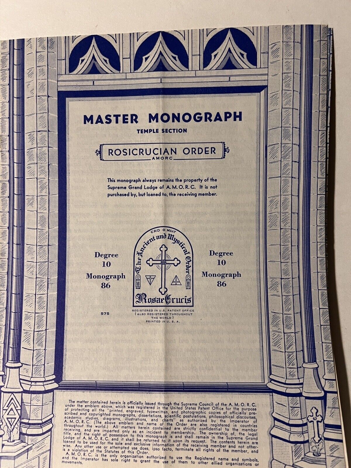 Vintage Rosicrucian Master Monograph 10th Degree Temple Section AMORC