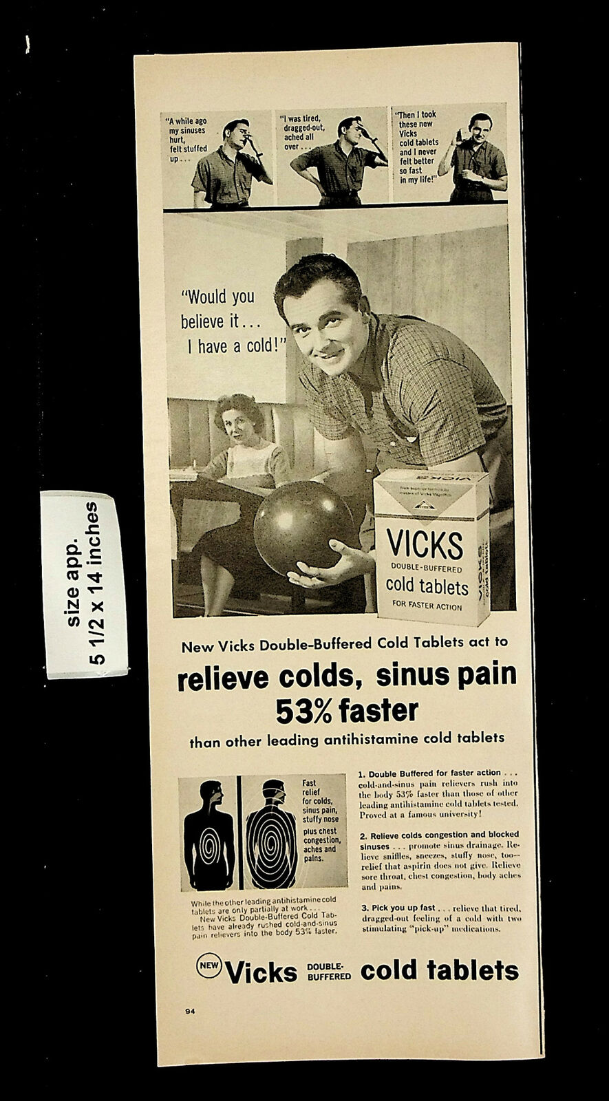1958 Vicks Cold Tablets Antihistamine Bowling Man Relief Vintage Print Ad 24931