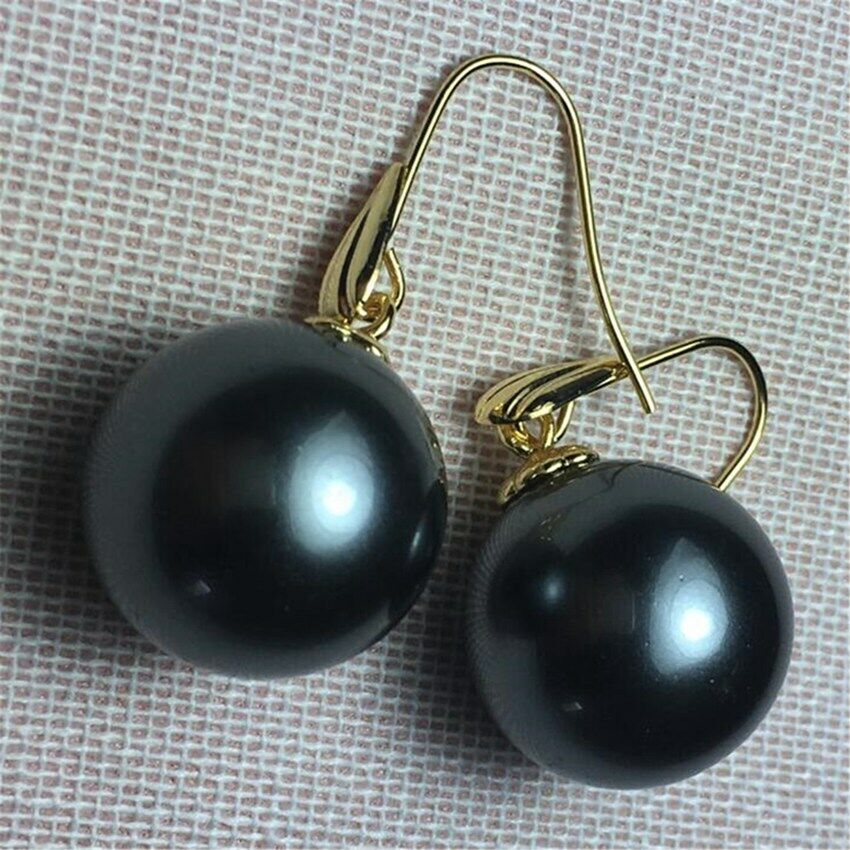 16mm Black Circular Shell Pearl Earrings 18K Hook Mesmerizing flawless noble